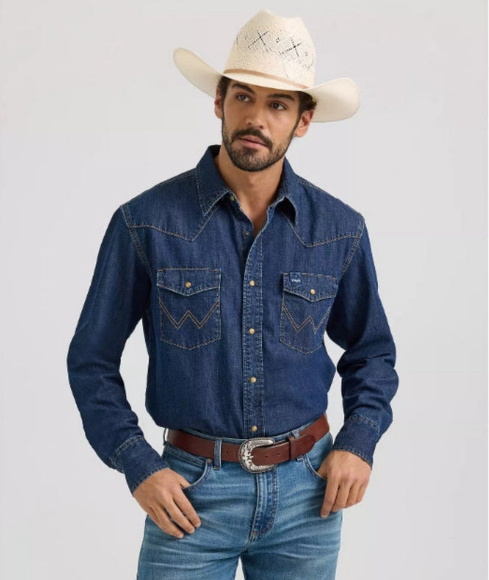 Wrangler Men's Cowboy Cut Denim Snap-Front Long Sleeve Work Shirt Work Shirts Wrangler Dark Denim 2XL Reg