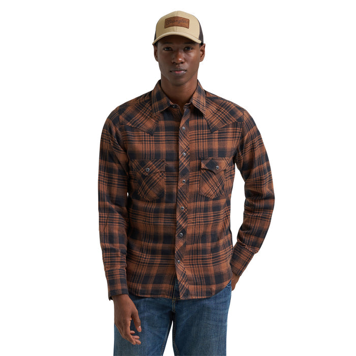 Wrangler Men's Retro Long Sleeve Flannel Western Snap Plaid Shirt Work Shirts Wrangler Brown 2XL Reg