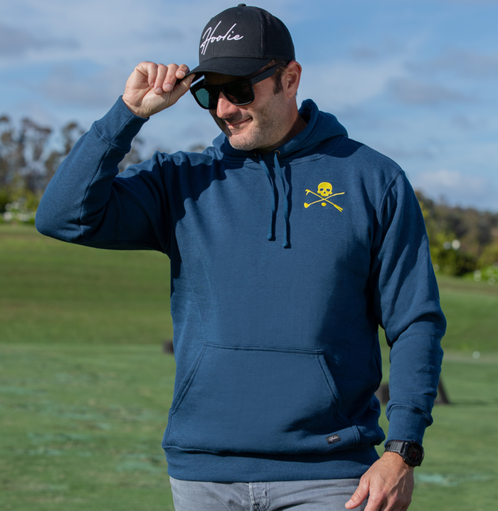 Men's Golf Hoodie in navy blue featuring X Bones skull and crossed driver and hoolie tool design.