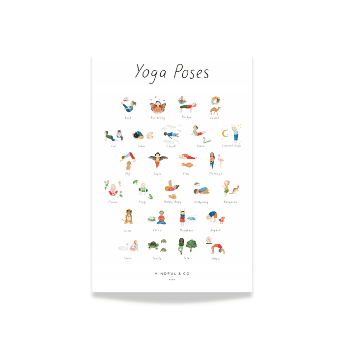 Yoga Poses Print featuring illustrated yoga poses for kids to encourage mindfulness and focus.