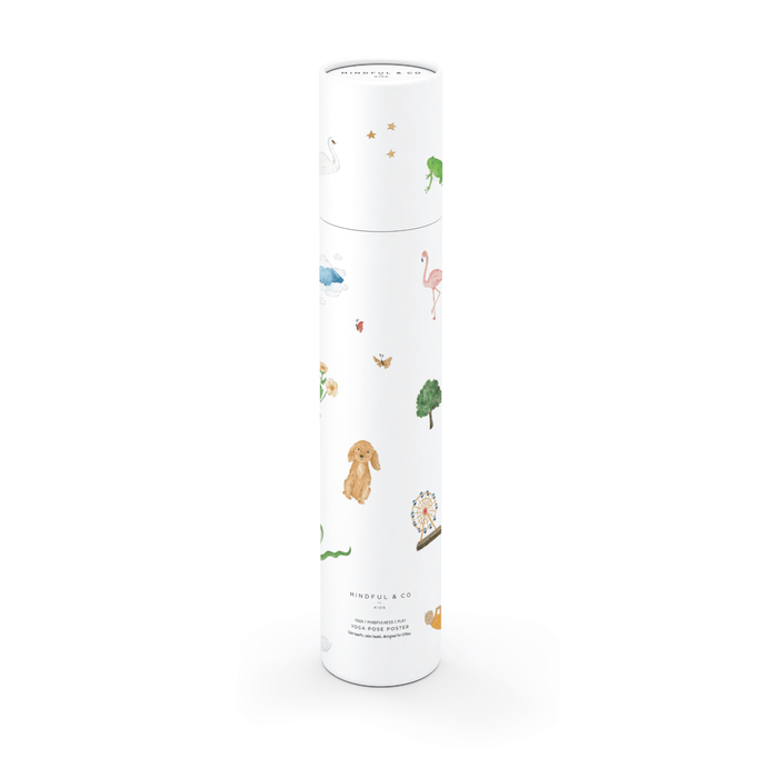 Yoga Poses Print packaging tube illustrated with playful animals and nature scenes.