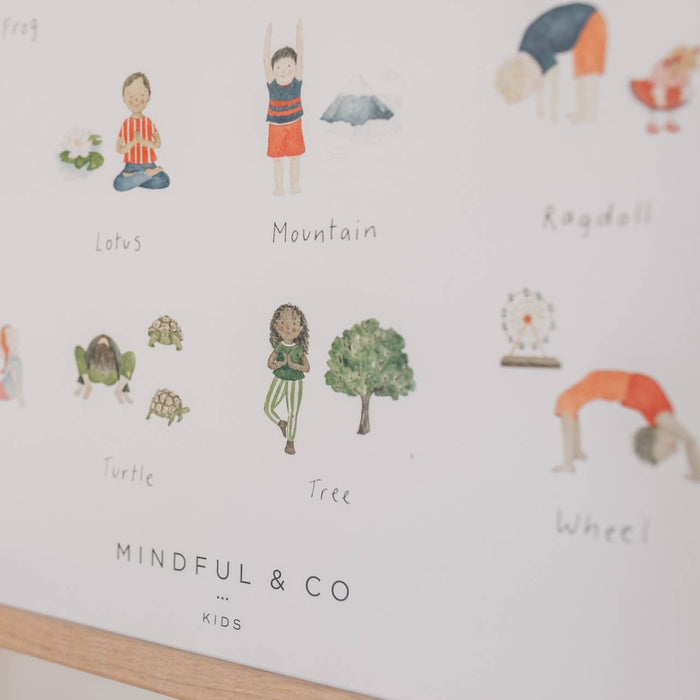 Yoga Poses Print featuring illustrations of fun yoga poses for kids like Frog, Lotus, Tree, and more.